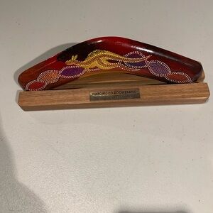 Hardwood Boomerang with Red and Purple Accents
